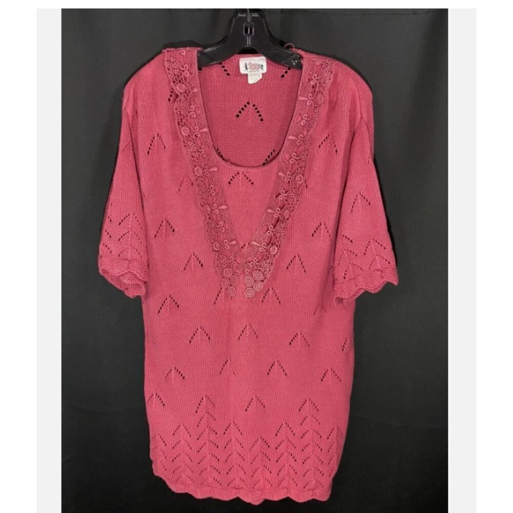 VTG 70s Long Sweater Grandma Sz 16 Bright Lights USA Pink floral Lace eyelet SS